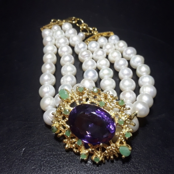 Triple Strand Pearl Bracelet w/ Amethyst hh